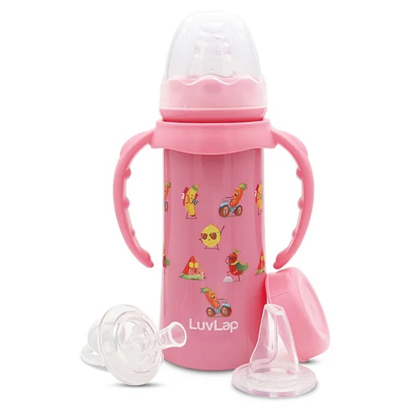 LuvLap 4-in-1 Slim Neck Steel Baby Bottle & Sipper with Handle, SS304 Rust-Free, BPA Free, Anti-Colic, Weighted Straw & Cap, Pink, 240ml, 3M+