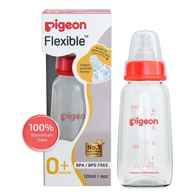 Pigeon Glass Feeding Bottle with Nipples Red – 120 ml