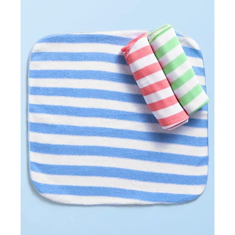 Pink Rabbit Terry Knit Wash Cloth with Stripe Design Pack of 3 L 29.5 x B 29.5 cm – Orange Light Blue & Green