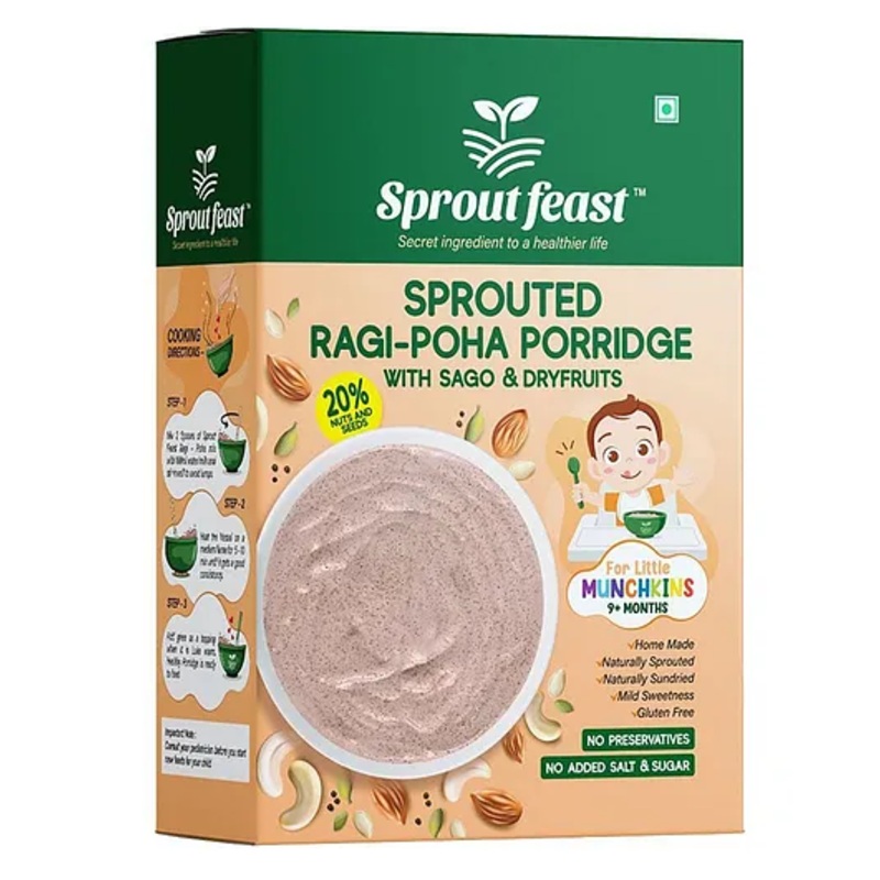 Sprout Feast Sprouted Ragi Poha Porridge Mix 250 g |Instant Cereal for 9+Months Babies