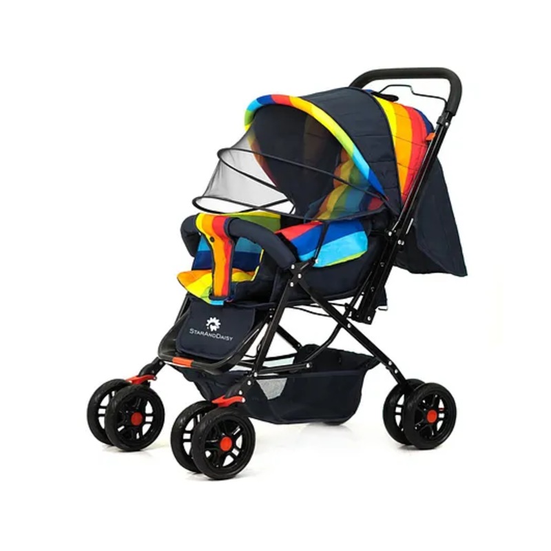StarAndDaisy Stroller for Baby Boy & Girl 0 to 3 Years, Baby Stroller Lightweight, Foldable Pram for Baby 3-Point Safety Harness, Adjustable Backrest, 360Swivel Wheel, Large Storage, Reversible Handlebar, Extended Mosquito Net(Pi Rainbow)