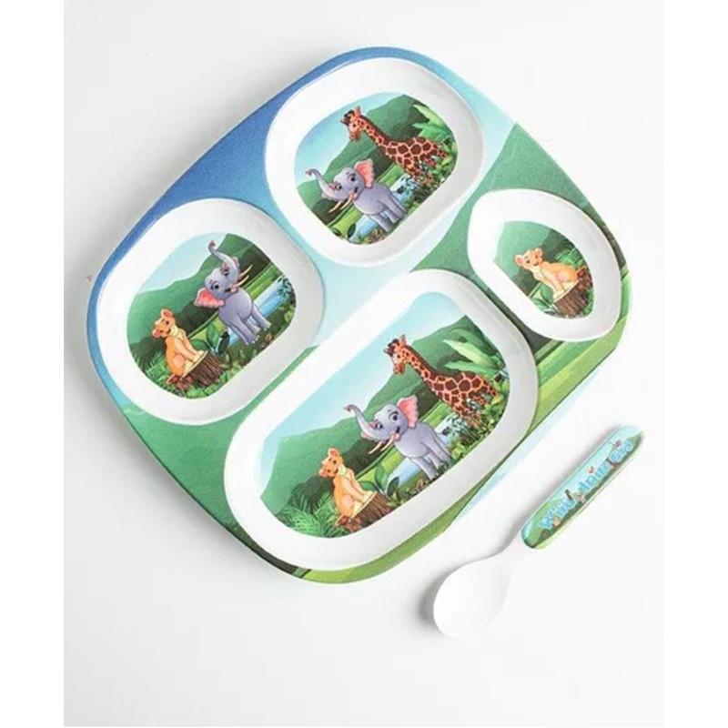 Superware Melamine Kids 4 Section plate with spoon – Wild Animal ( Set of 2 )