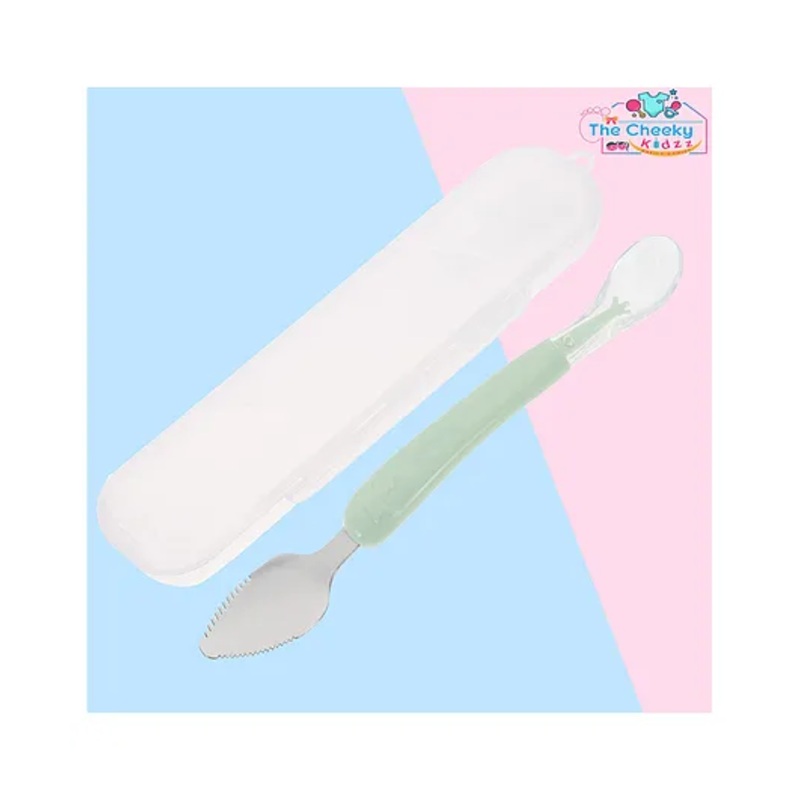 The Cheeky Kidzz Baby Double Head Bendable Silicone Food Spoon Fruit Scraping Self Feeding Stainless Steel Scraper Feeding Cutlery BPA Free (GREEN)