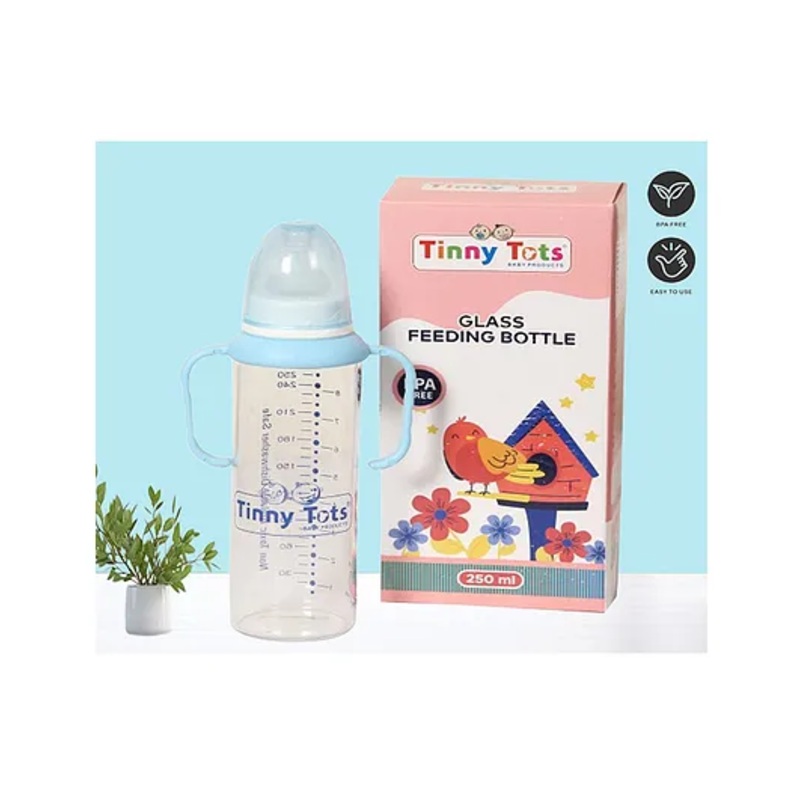 Tinny Tots Baby High Borosilicate Glass Feeding Feeder 240ml Bottle With Twin Handles And Anti Colic Silicone Nipple Feeder BPA Free (Blue)