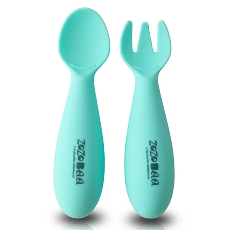ZoZoBaa Baby Weaning Spoon & Fork Set, Chewable Silicone Utensils for Training Infants, Baby Led Self Feeding, 6 M+| Gum Friendly, BPA Free, Dishwasher Safe, Unbreakable, 1 Pair, Mint Green