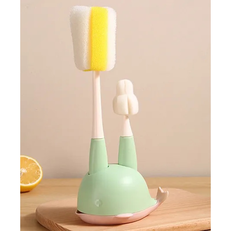 2 in 1 Bottle & Nipple Cleaning Brush with Whale Shape Stand – Green| Scratch Resistant| Sponge Bristles| Drip Tray| Ergonomic Handle