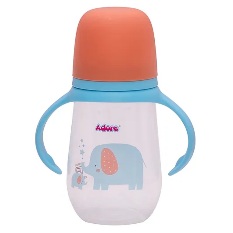 Adore Magnum Opus 4 Stage Wide Neck Feeding Bottle with Gravity Ball Twin Handle – With Dual Anti-Colic Teat -250ml Blue Elephant
