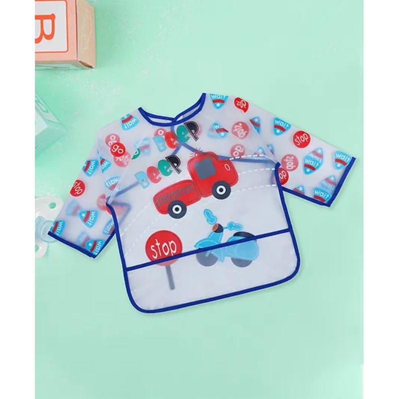 Baby Moo Beep Beep Car Long Sleeves Waterproof Wear Me Bib – Blue