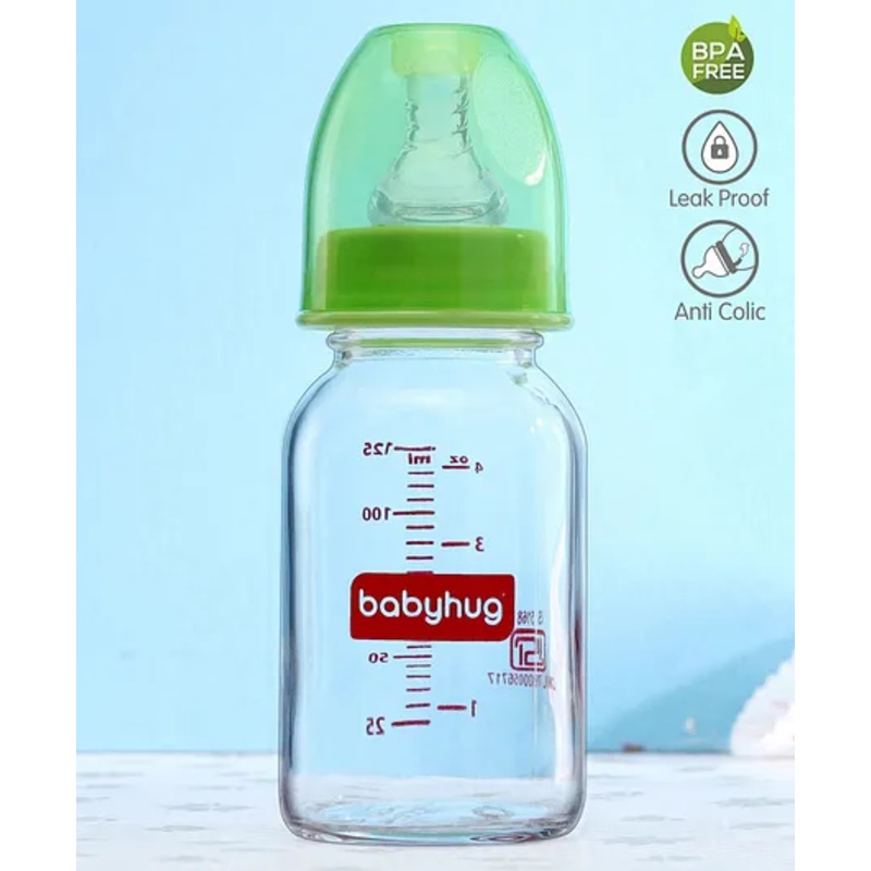Babyhug BPA-Free Natural Glass Baby Bottle  125 ml, Green | Anti-Colic Silicone Nipple | Leak-Resistant | Durable | Travel Friendly | Dishwasher Safe | Ideal for Newborns & Toddlers