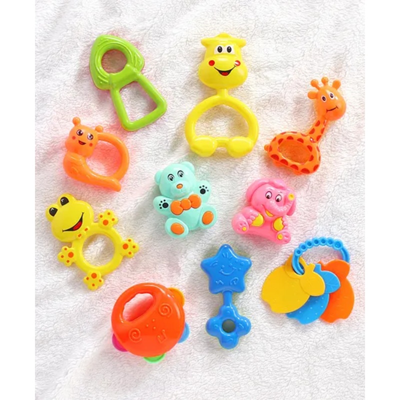 Babyhug BPA-Free Rattle & Teether 10 Pieces Set for Newborns & Infants| Non-Toxic & Food Grade| Phthalate-Free Baby Toys| Colorful & Lightweight| Rattles for Sensory Development | BIS Certified