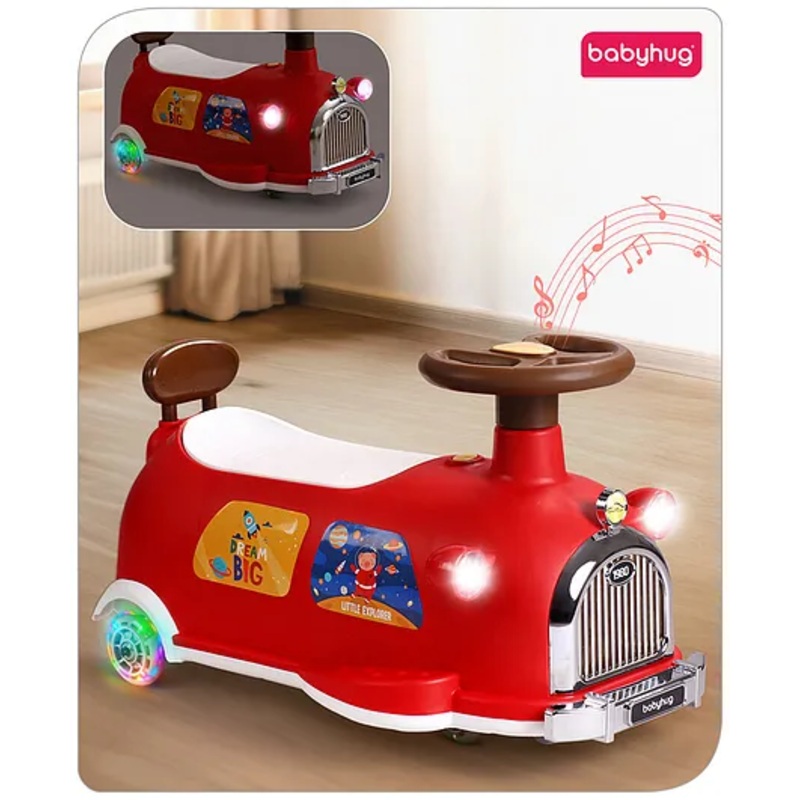 Babyhug Little Explorer Space Theme Kids Retro Swing Car| LED Lights and Music |Baby Magic Car|Toy Car | Push Car | Ride On Car |ABEC 7 Bearing|Weight Capacity Upto 50-KGS | Red