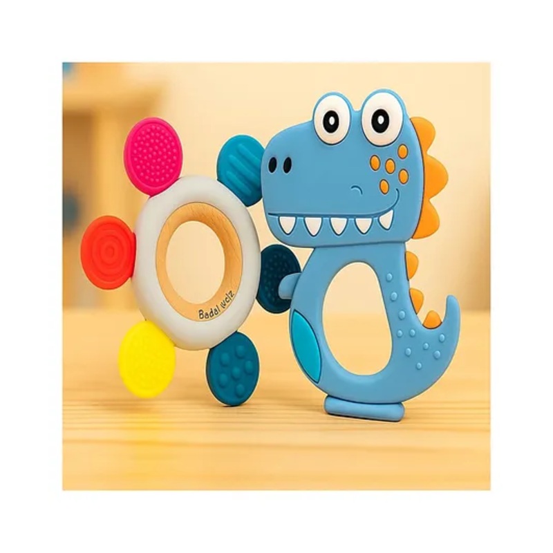 Badal Kidz Premium Wooden & BPA-Free Silicone Teether Combo, Safe & Soothing for Babies- Blue & Blue