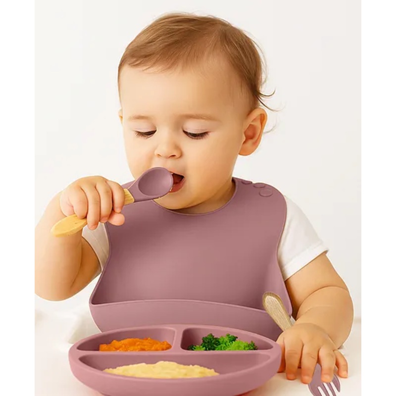 Bembika Baby Feeding Essential Baby Dinner Set Silicone Tableware Set For Baby Infant Training Eating Utensils Pack Of 4 – Pink