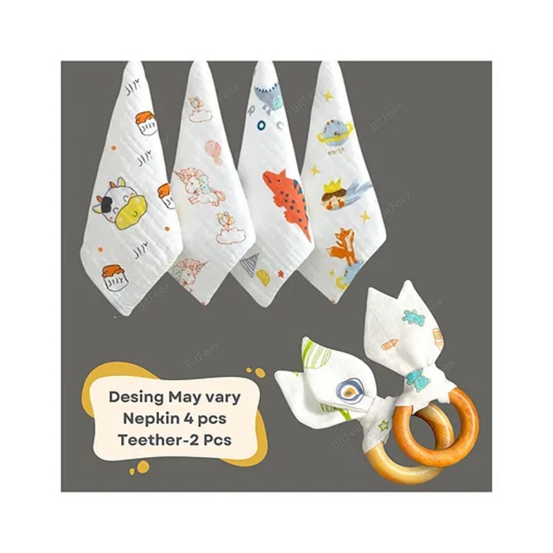 BitFeex Wood Ring with Nepkin Baby Face Towels for Boys Girls Fleece Muslin Wash Cloth Organic Cotton Face Nepkin-4 pcs, Wooden teether-2 pcs, Design May Vary