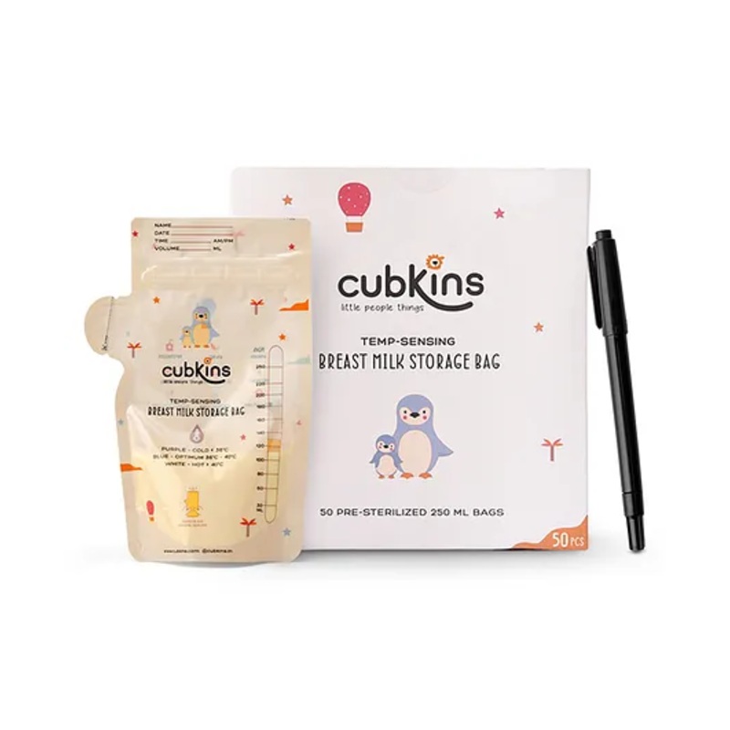 CUBKINS Breast Milk Storage Bags (Pack of 50) | Pre-Sterilized | Smart Temp. Sensor | BPA Free | Single Use | Leak Proof Double Zip | Separate Fill & Pour Spouts | 250 ml Capacity | Marker Included