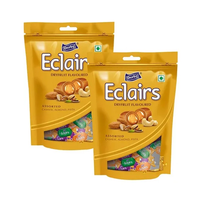 Derby Dryfruit Eclairs Assorted Toffee Cashew, Almond, Pista Standy Pouch | Pack of 2