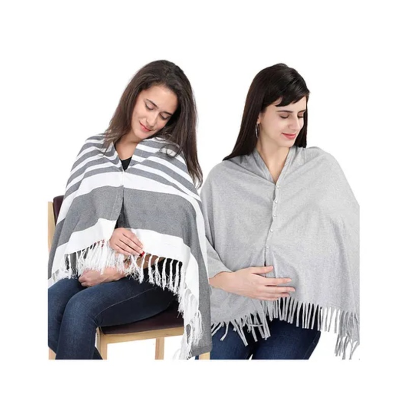 Lulamom Multi-Purpose Breast Feeding Nursing Shawl – Pack of 2 (Navy stripes & Grey melange solid)