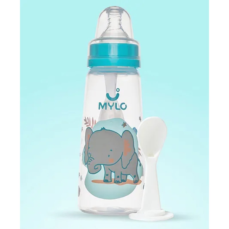 Mylo Baby Feels Natural Feeding Bottle, PP, BPA Free with anti-colic nipple – 250 ml (Blue Elephant)