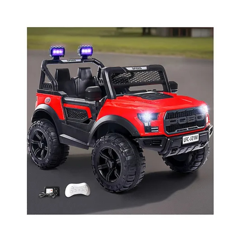 POBO 4X4 Battery Operated Ride On Jeep with Music Lights & Remote Control -Red |Rechargeable Battery|Built-in Music & AUX|Openable Doors|Easy to Assemble