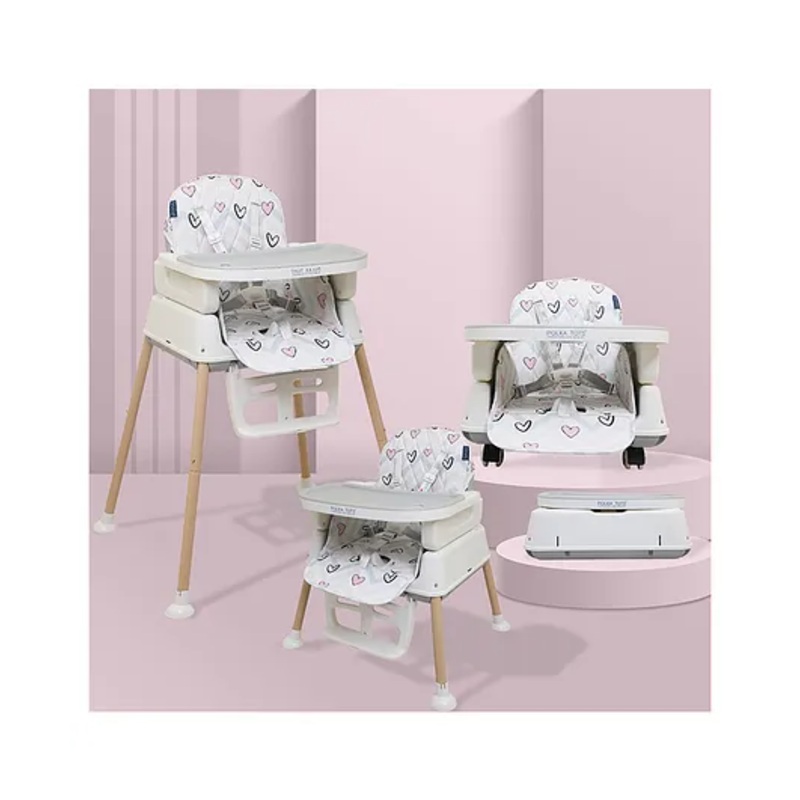 Polka Tots 4-in-1  Grow & Glide High Chair for Babies, Feeding Chair, 2 Level High chair | Safety Harness | Removable Food Tray | Soft Cushion |(9 Months  4 Years) Heart Print, White