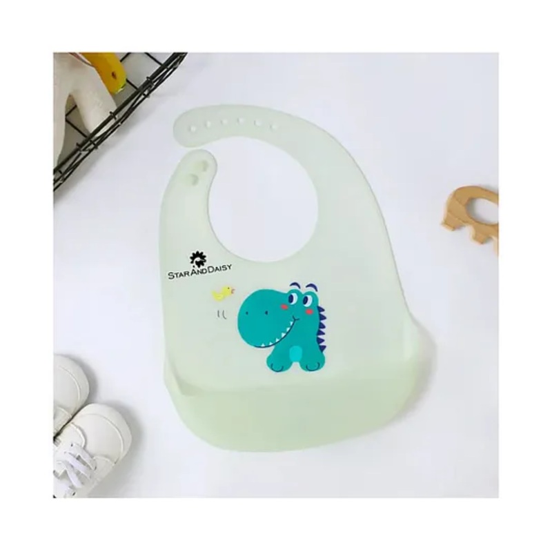 StarAndDaisy Reusable Silicone Baby Bib with Adjustable Buttons for Mess-Free Feeding, Weaning, and Easy Cleaning and Waterproof. (Printed-Light Green)(Pack of Two)