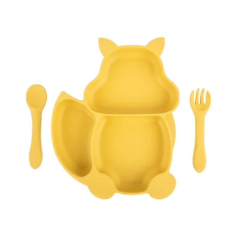Taabartoli Silicone Squirrel Plate With Suction Spoon And Fork Set  – Yellow