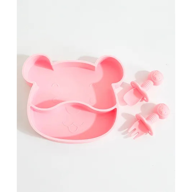 Teddy Bear Shaped Section Plate with Spoon & Fork – Pink