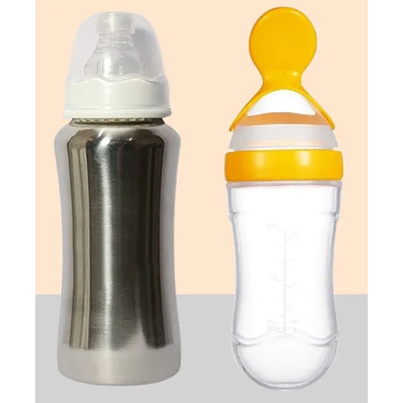 The Cheeky Kidzz Baby Soft  Silicone Spoon Feeder With Stainless Steel 240ml Bottle Set BPA Free(PINK)