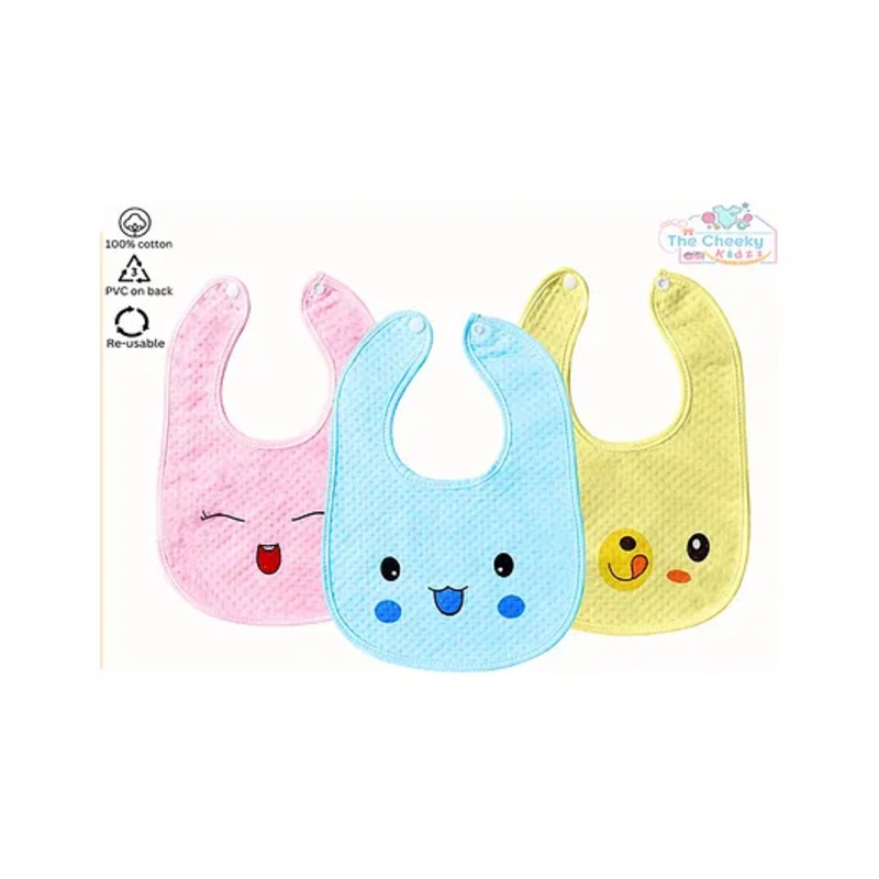 The Cheeky Kidzz Pack of 3 Baby Feeding Bibs Aprons For Babies Girls Boys Drool Bibs With Attractive Cute Face Prints Every Day Use Button Style Double Layered