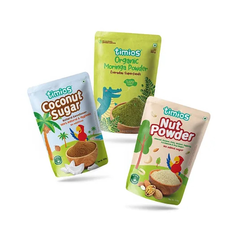 timios Organic Combo Pack of Coconut Sugar Moringa Powder & Nut Powder – 100 g Each