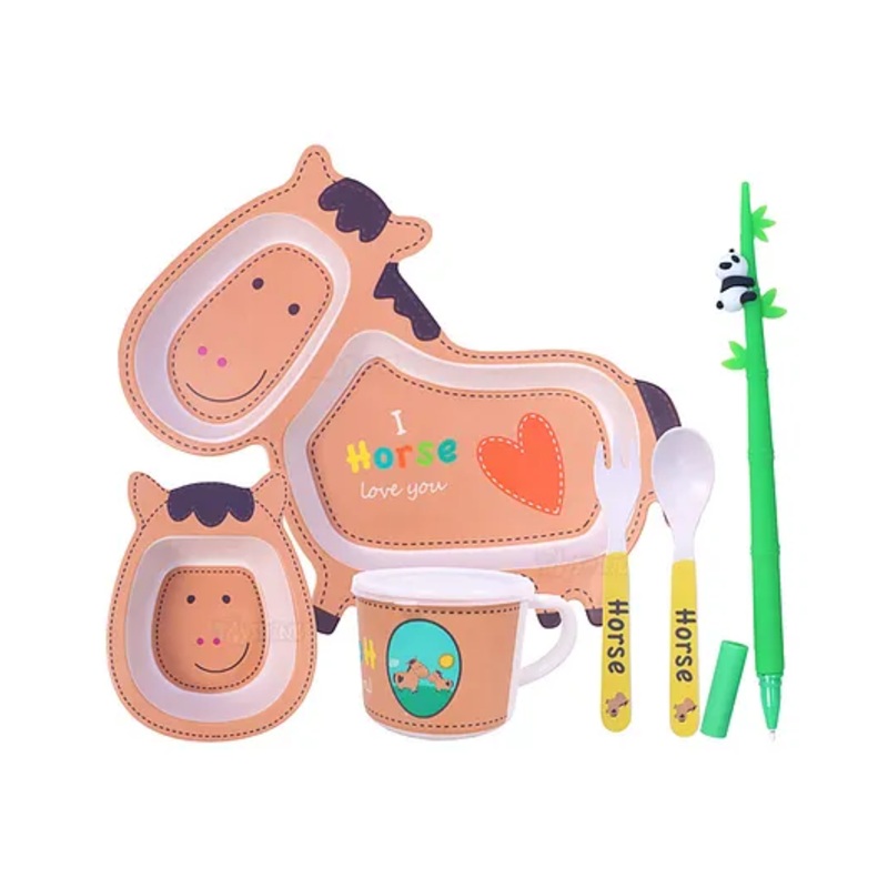 Toyshine 5 Piece Bamboo Dinnerware Plate and Bowl Set Eco Friendly and Dishwasher Safe Great Gift for Birthday Baby Shower Horse Design – Brown