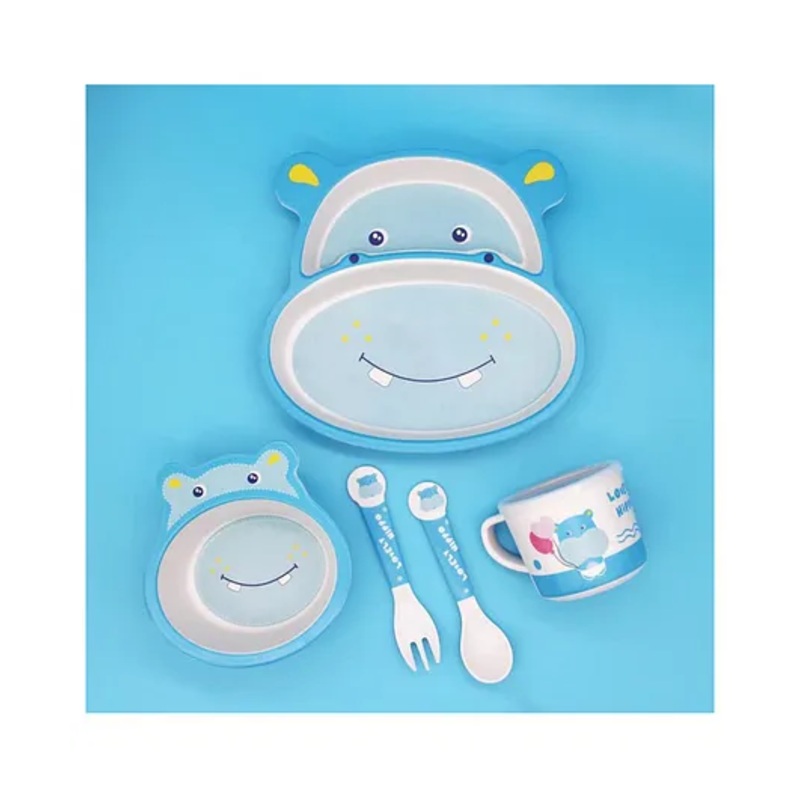 YAMAMA Lovely Hippo Shape Bamboo Multi Piece Feeding Set Pack of 5   Color May Vary