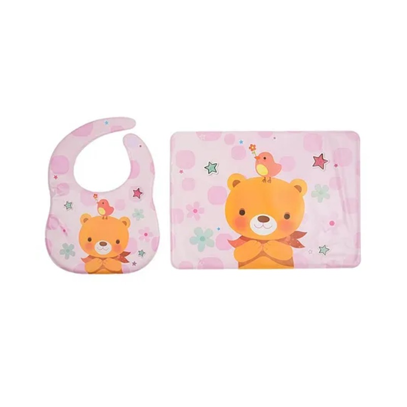 Yellow Bee Feeding Bib With Mat Bear Print – Pink
