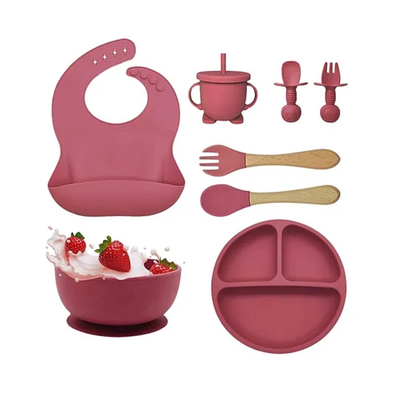 AEREX Silicone Baby Feeding Sets Baby Weaning Set Suction Plates for Baby & Toddler Suction Bowl, Cup, Wooden Fork & Spoon Cutlery Set for Babies and Toddlers (8 Pcs, Pink)