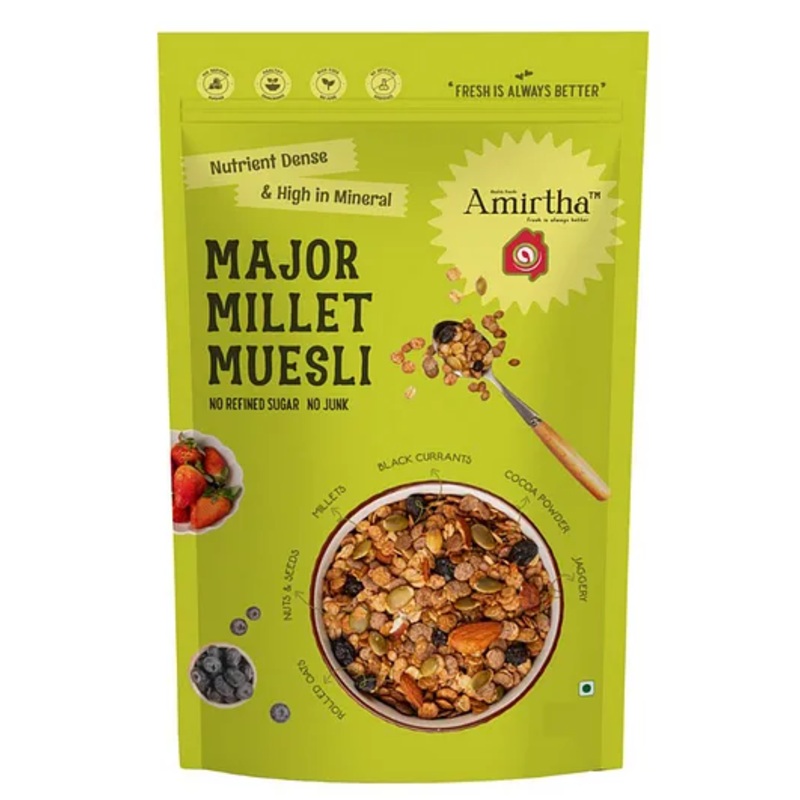 Amirtha Health Foods – Major Millet Muesli, Almonds & Seeds – 225g | Guilt-Free Snacking | Plain or with milk | No refined sugar