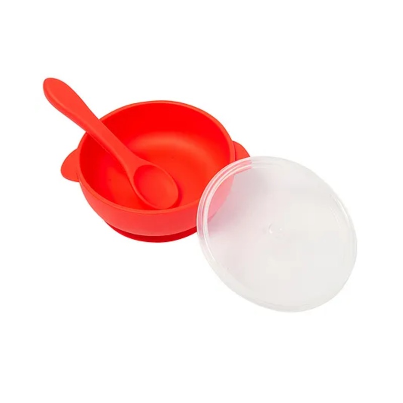 Baby Moo Silicon Bowl With Lid And Spoon Set – Red