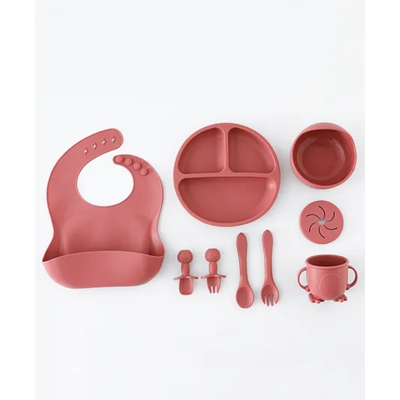 Baby Silicone Feeding Set- Wine Red| Food Grade| Mess-free| Train Self Feeding| Easy to Clean| Gift for Boys & Girls| Dishwasher Safe| Suction Plate, Bowl, Bib, Snack Cup, Training Cup, Spoon & Fork