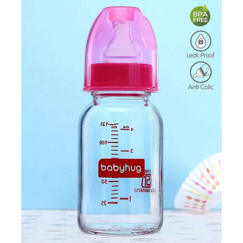 Babyhug BPA-Free Natural Glass Baby Bottle  125 ml, Pink | Anti-Colic Silicone Nipple| Leak-Resistant | Durable | Ideal for Newborns & Toddlers | Travel friendly