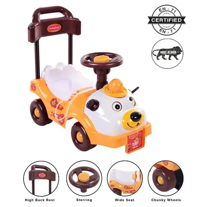 Babyhug Teddy Foot To Floor Ride-On With Steering Wheel & High Backrest – White