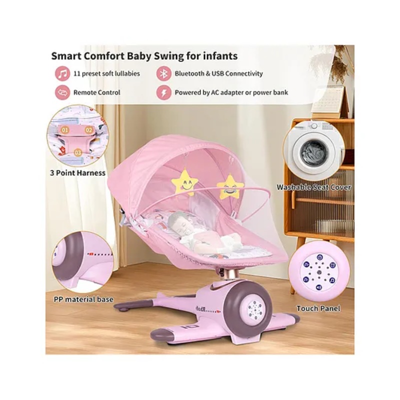 BabyTeddy Baby Rocking Chair Electric Automatic Swing Rocker Soft Cushion Adjustable Speed Backrest Music Remote Control Safety Belt Bouncer with Toys – Pink