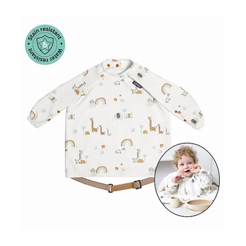 BiBaDo Stain & Water Proof Long Sleeve Coverall Shirt Weaning Bib Serengeti Spaghetti Print- White – For Infants