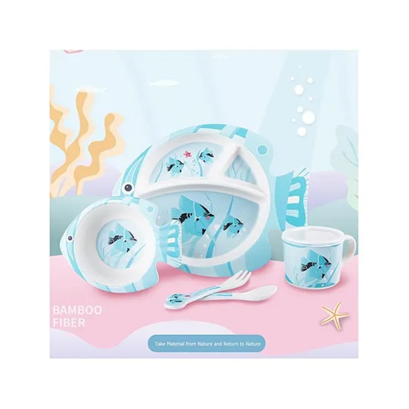 COMERCIO Bamboo Fiber Cartoon Shape Fish Design Dinner Set Of 5 Pieces – Blue