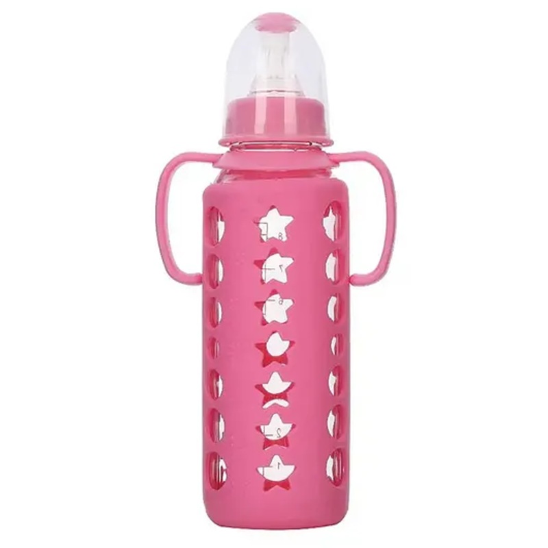 FANTASY INDIA Ultrasoft Nipple Glass Feeding Bottle with Silicone Cover Feeding Bottle With Handle Pink – 240 ml