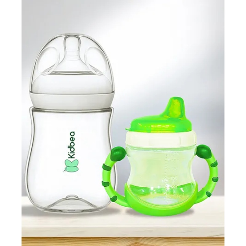 Kidbea Natural Baby Feeding Bottle, BPA-Free, Soft Nipple, Anti-Colic Design with Baby Feeding Sipper Cup Bottle (Pack of 2) | Wide Neck 270 & 200 ml – Green