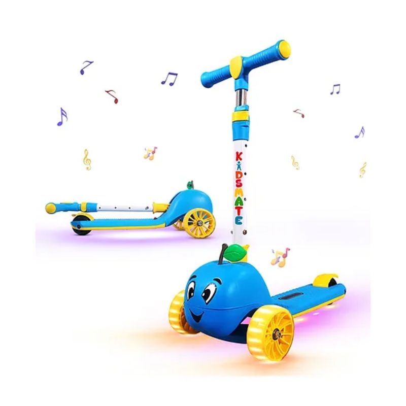 Kidsmate Musical & LED Lights Kick Scooter for Kids | 4-Level Height Adjustment | Kids Scooter with Motion-Activated Light-Up Wheels | Wide Non-Slip Deck & Ultra-Stable Ride for 3+ Years – Blue