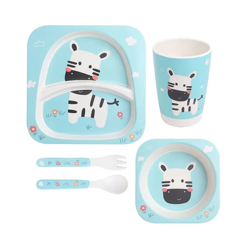 Polka Tots Eco-Friendly 5-Piece Bamboo Fiber Feeding Set For Babies, Toddlers, & Kids Includes Plate, Bowl, Glass, Spoon, Fork  Zebra Design | Kids Tableware & Crockery Set