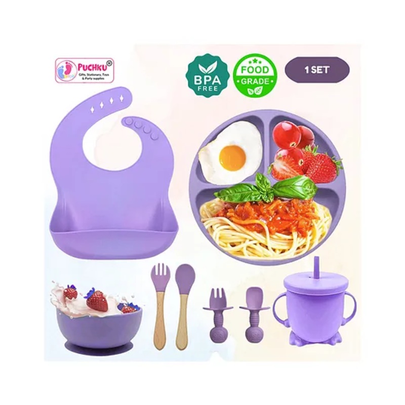 Puchku Premium 8 Pcs Silicone Baby Feeding Set, BPA Free & Microwave Safe Dinner Tableware Kit – Feeding Bowl, Suction Plate, Cup, Spoon, Fork & Bib for Kids ( Pack of 1, Purple)