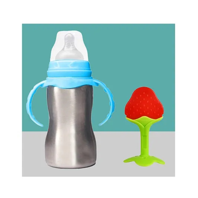 The Cheeky Kidzz Baby 2 in 1 Multi-functional Baby Stainless Steel Milk Juice Feeding Bottle Cum Sipper Bottle With Fruit Shape Silicone Starberry Standing Shape Teether Bpa Free (Red) 240 ml