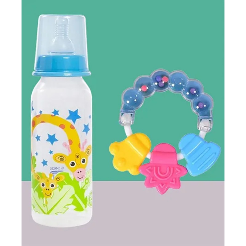 The Cheeky Kidzz Baby Ring Rattle Key Teether For Infants Dental Care With 250ml Feeding Bottle(APPLE)