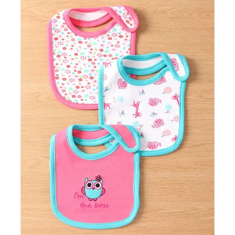 Babyhug Interlock Cotton Bibs Owl Print Pack of 3 -Pink